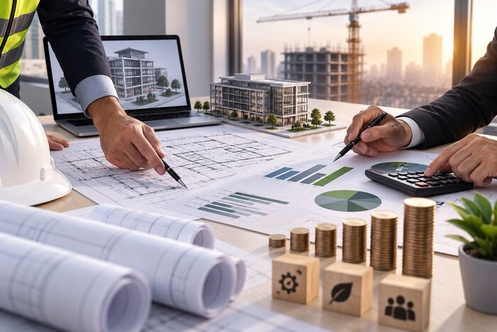 مهندسان يوازنان بين المخططات ومجسّم المبنى وتحليل التكاليف بالرسوم البيانية والحاسبة